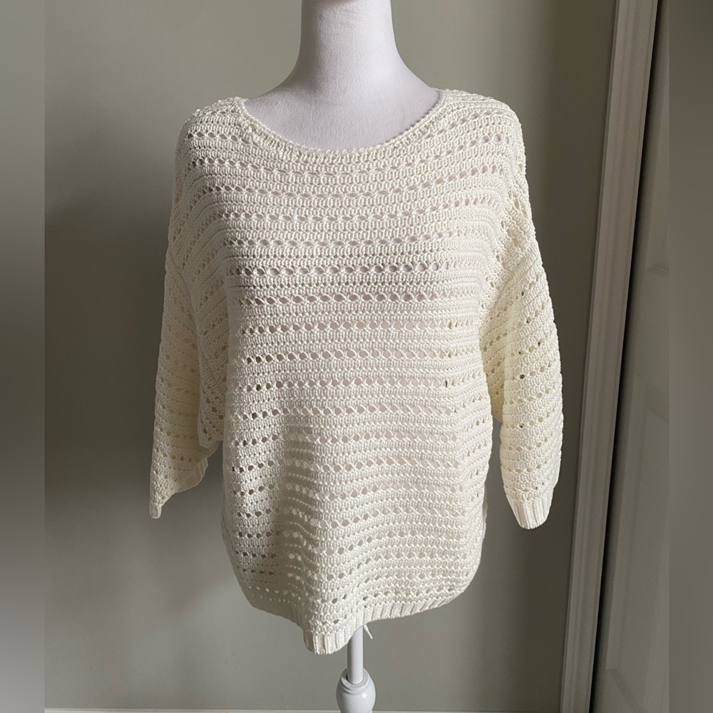 Magaschoni Cream Open-Stitch Crochet Pullover Sweater 3/4 Sleeve